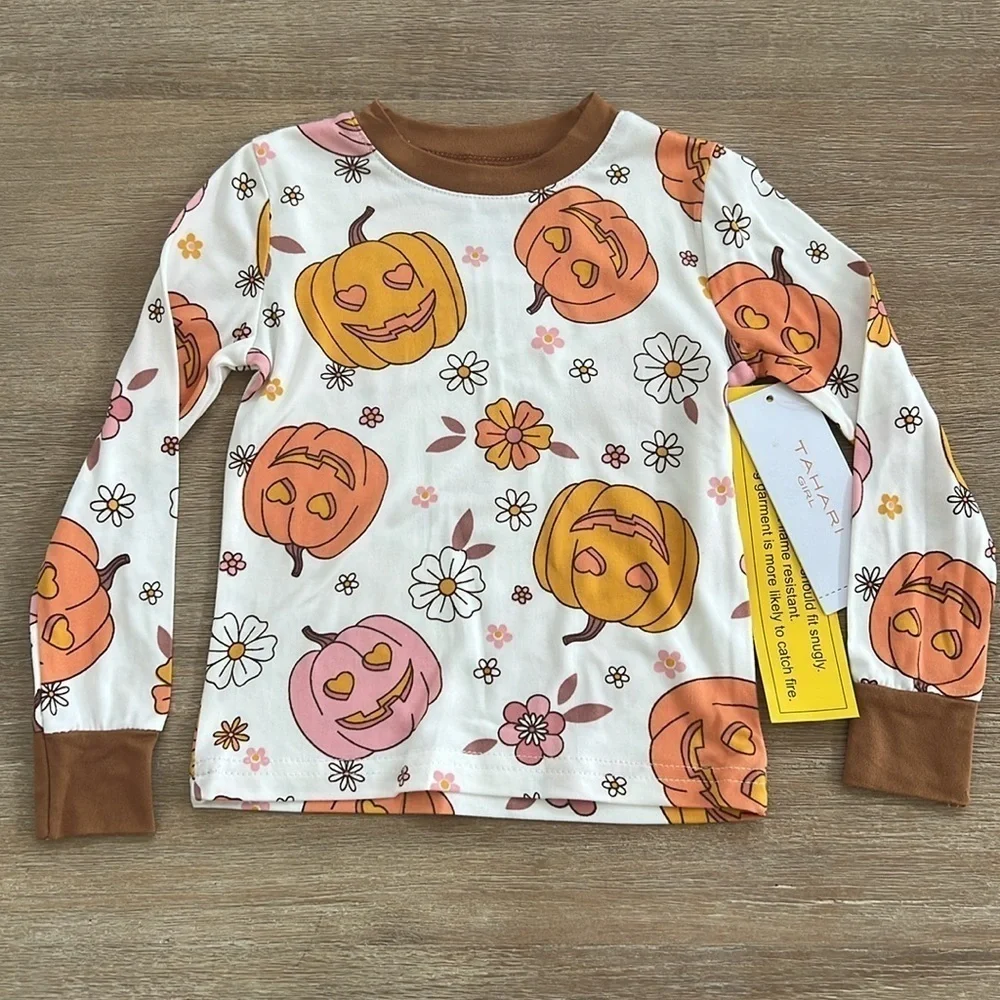 🎃 Tahari Girl Halloween Fall Pumpkin Pajama Set Long Sleeve Scrunchie 2T 3T 4T